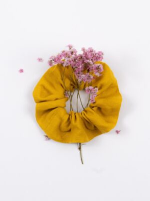 Linen yellow scrunchie with flowers inside