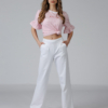 Women organic cotton white pants pink striped t-shirt