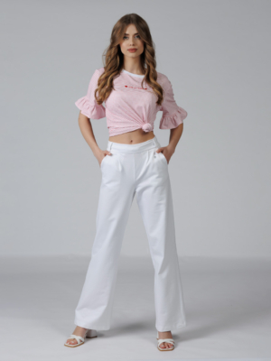 Women organic cotton white pants pink striped t-shirt