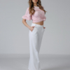 Women organic cotton white pants pink striped t-shirt