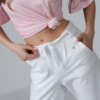 Women organic cotton white pants pink striped t-shirt