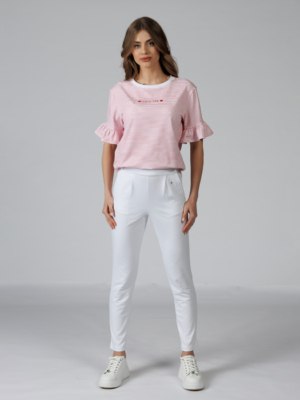 Women organic cotton white tapered leg pants pink striped t-shirt