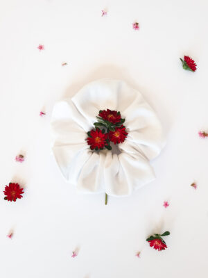 Organic cotton white color scrunchie with flowers inside