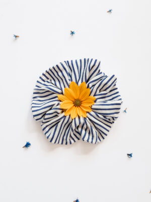 Organic cotton blue stripes pattern scrunchie with flower inside