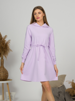 Woman with blond hair wearing organic cotton violet hooded dress
