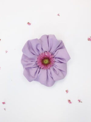 Organic cotton violet scrunchie with flower inside