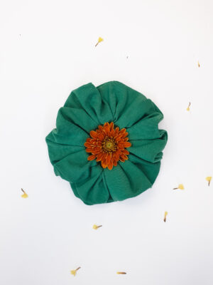 Organic cotton green scrunchie with flower inside