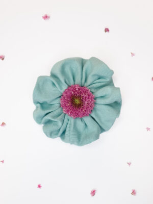 Organic cotton turquoise scrunchie with flower inside