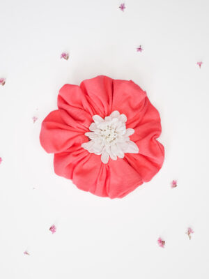 Organic cotton sun kissed coral scrunchie with flower inside