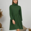 Woman with blond hair wearing organic cotton dark green color semi-polo dress