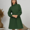 Woman with blond hair wearing organic cotton dark green color semi-polo dress
