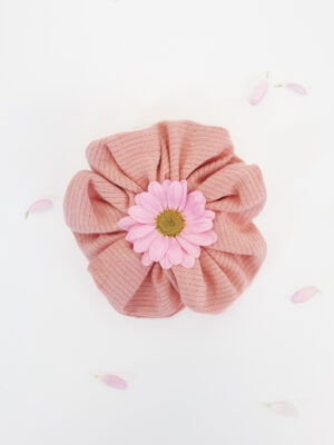 Organic cotton pink scrunchie with flowers inside