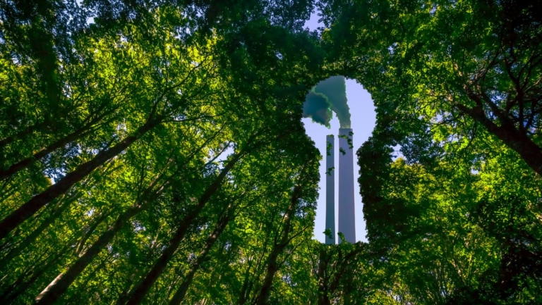 Trees that form a keyhole through which factory chimneys are visible