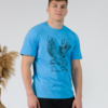 Young man wearing organic cotton blue color t-shirt with colored print and black trousers