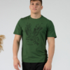 Young man wearing organic cotton green color t-shirt with colored print and black trousers