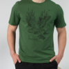 Young man wearing organic cotton green color t-shirt with colored print and black trousers