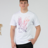 Young man wearing organic cotton white color t-shirt with colored print and black trousers