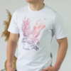 Young man wearing organic cotton white color t-shirt with colored print and black trousers