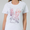 A young woman with blond hair wearing organic cotton white color t-shirt with colored print