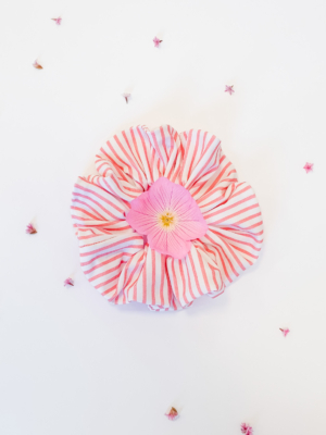 Organic cotton pink stripes pattern scrunchie with flower inside