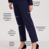 woman with blond hair wearing dark blue organic cotton long sleeve off shoulder boat neck blouse and dark blue organic cotton long tapered leg pants