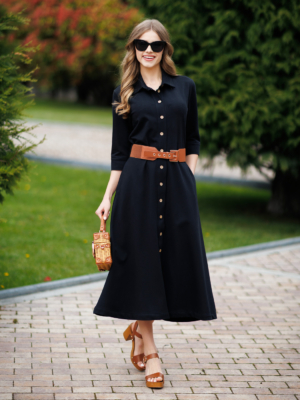 Woman wearing black organic cotton shirt dress with bracelet sleeves coconut buttons and waist belt