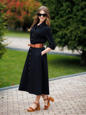 Woman wearing black organic cotton shirt dress with bracelet sleeves coconut buttons and waist belt